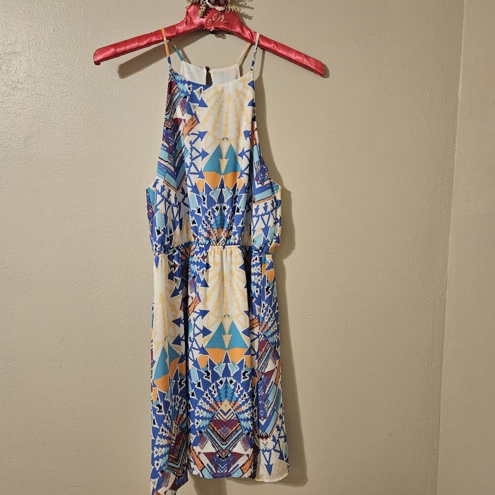 GB Multicolor Geometric Strappy Sleeveless A-Line Dress High Neck Size L